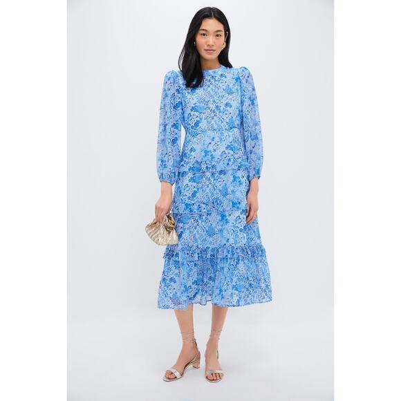 HYACINTH HOUSE Blue Multi Abstract Floral Rosalind Ruffle Midi Dress Size M NWT - Picture 4 of 10